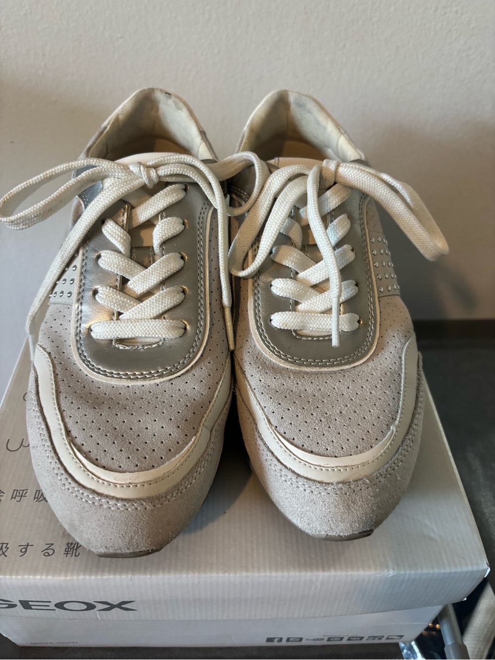GEOX Neutral Grey and White Suede Casual Sneakers